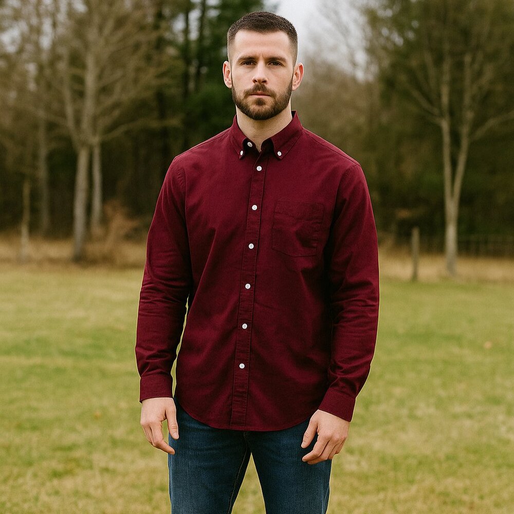 ROWM Men L Burgundy Woven‎ Cotton Button Down Business Casual Traveler Shirt Y2K